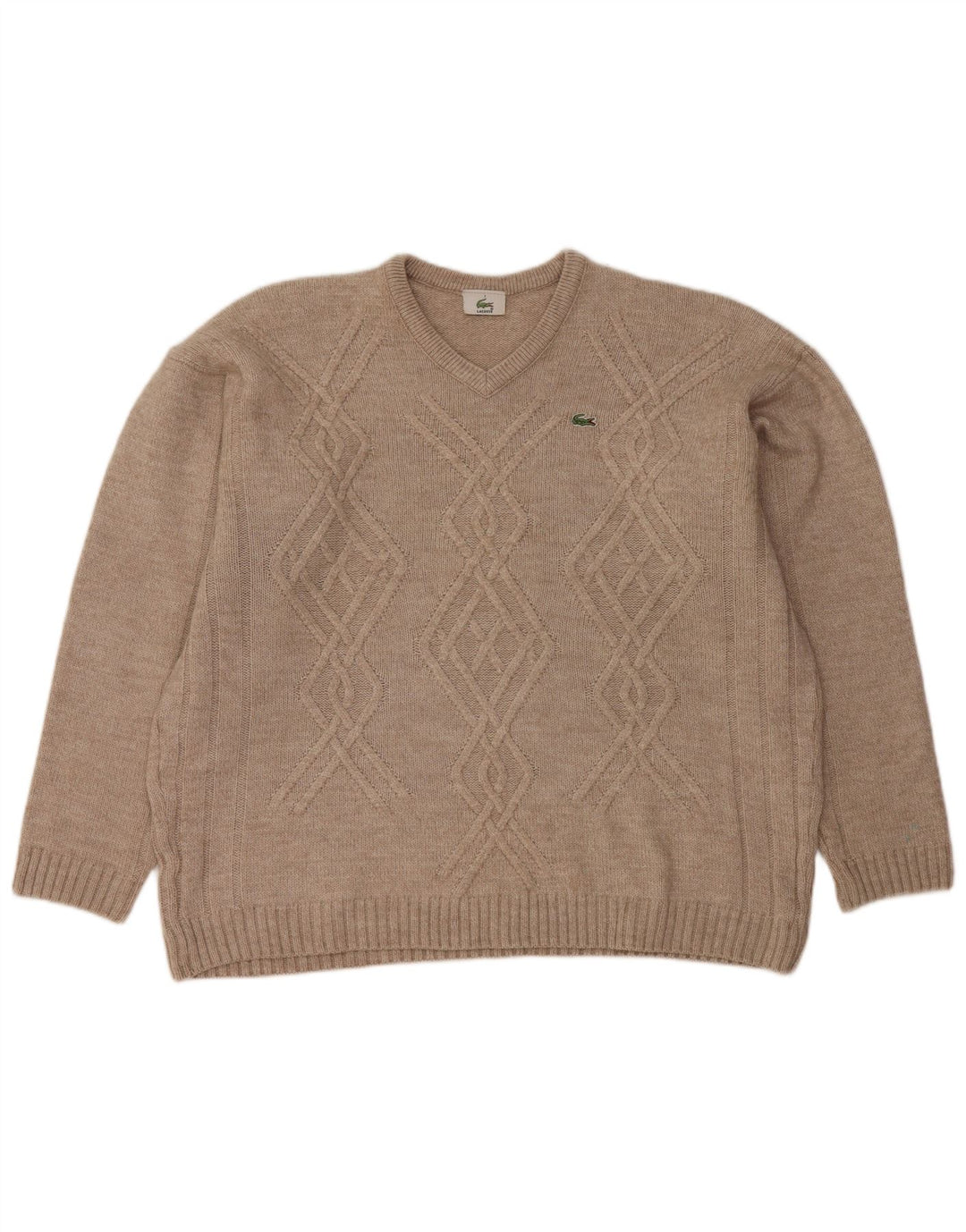 Męski sweter LACOSTE z dekoltem w kształcie litery V, rozmiar 7 2XL, beżowa wełna