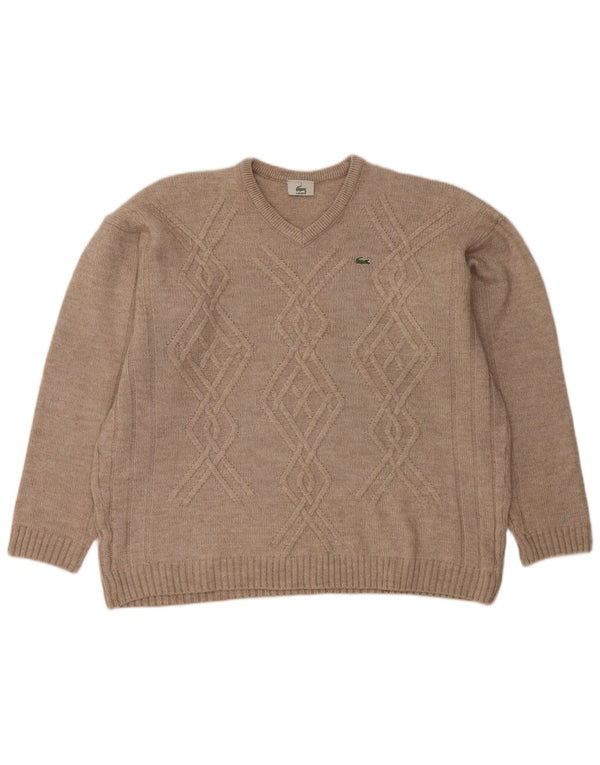 Męski sweter LACOSTE z dekoltem w kształcie litery V, rozmiar 7 2XL, beżowa wełna