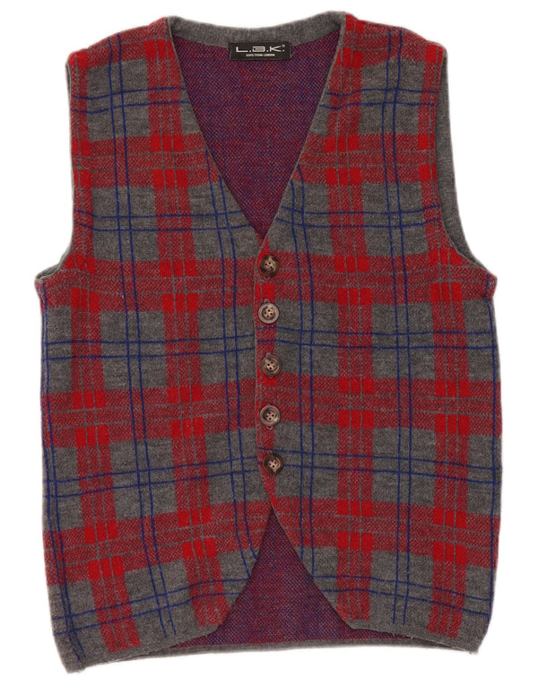 Męski sweter bez rękawów w stylu vintage, mały, szary, wełniany w kratkę