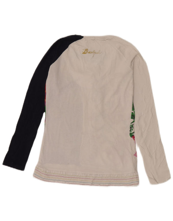 Desigual damski top graficzny z długim rękawem UK 12, średni, biały, kwiatowy