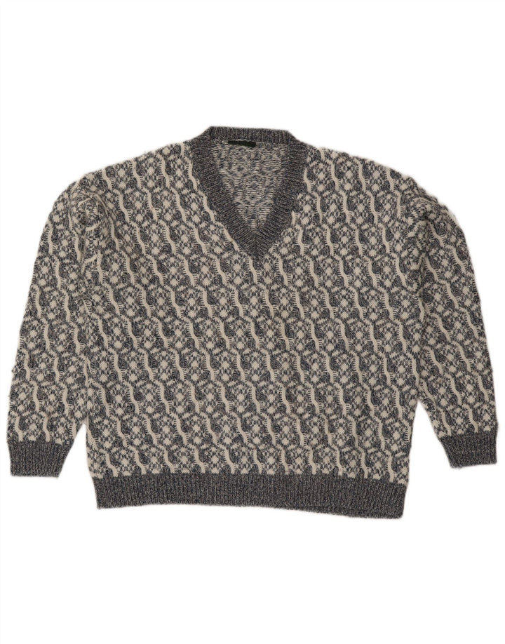 Męski sweter w stylu vintage z dekoltem w szpic, duży, szary, geometryczny, wełniany