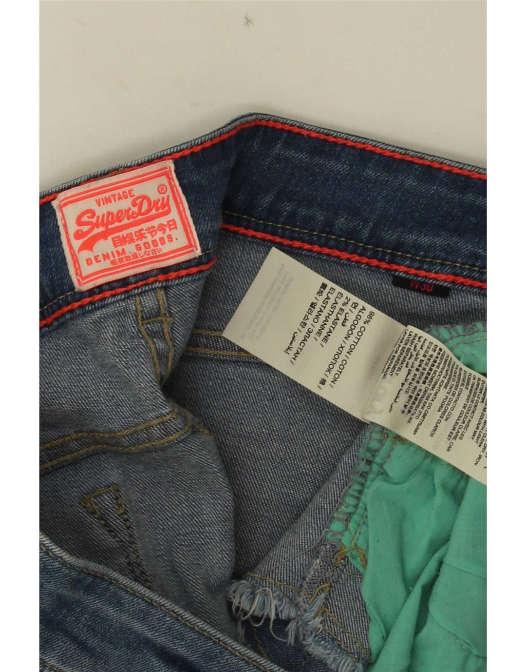 Damskie spodenki jeansowe Superdry z niskim stanem W30, średnioniebieskie, bawełniane