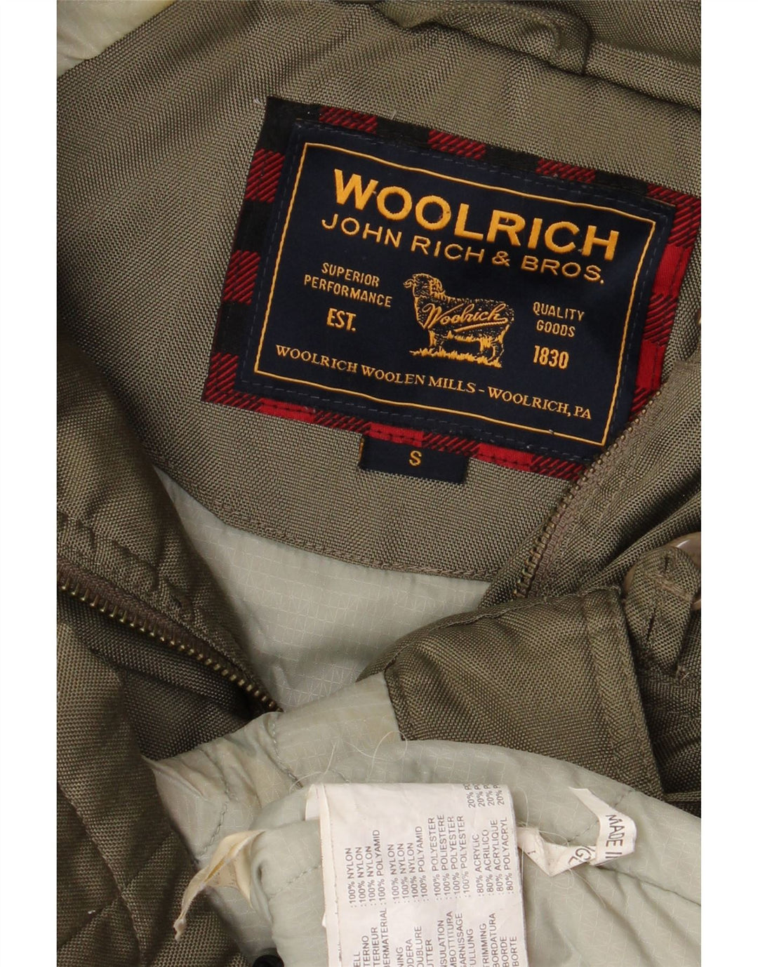 Damska kurtka parka z kapturem Woolrich UK 10, mała nylonowa khaki