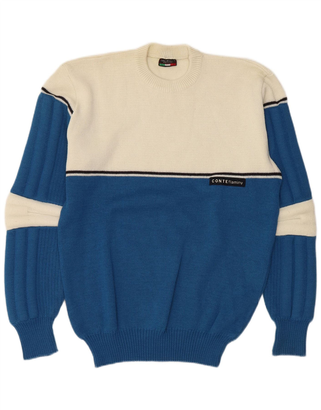 Vintage męski sweter z okrągłym dekoltem, duży, niebieski, wełniany blok kolorów