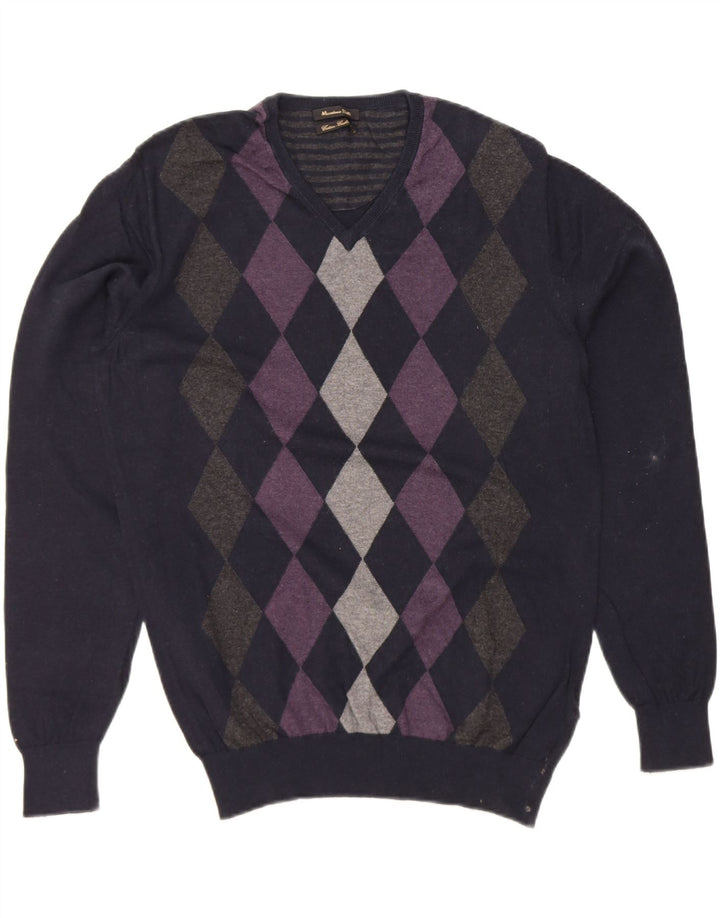 MASSIMO DUTTI Mens V-Neck Jumper Sweater Medium Navy Blue Argyle/Diamond Vintage Massimo Dutti and Second-Hand Massimo Dutti from Messina Hembry 