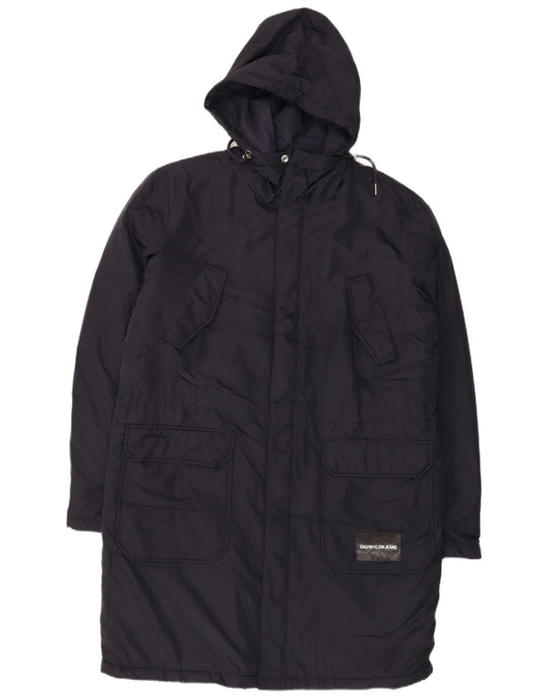Męski ocieplany płaszcz z kapturem Calvin Klein Jeans UK 40, duży granatowy poliester