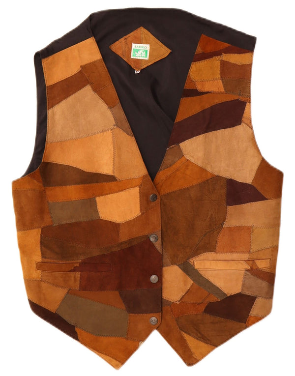 Zamszowa kamizelka damska Vintage UK 14 Średni brązowy patchworkowa skóra