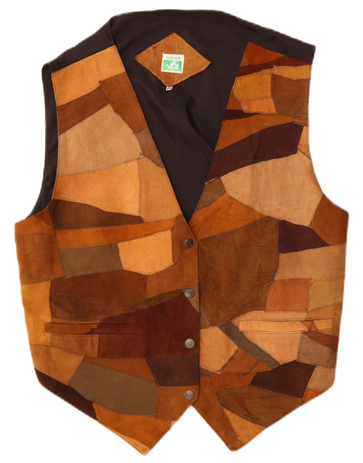 Zamszowa kamizelka damska Vintage UK 14 Średni brązowy patchworkowa skóra