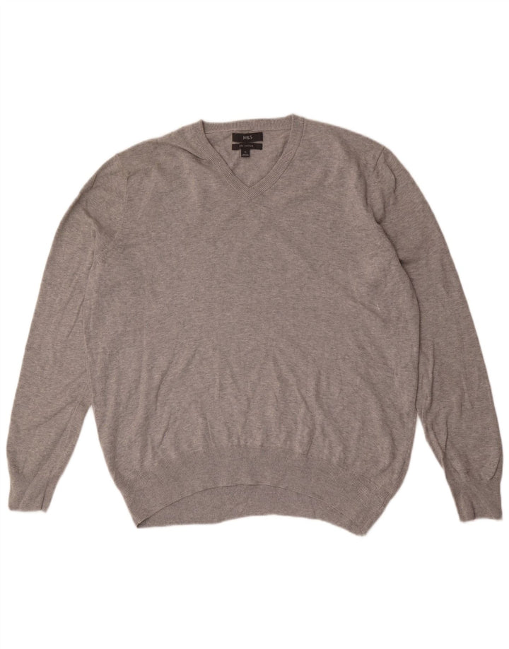 Marks & Spencer Męski sweter z dekoltem w kształcie litery V, XL, szary, bawełniany