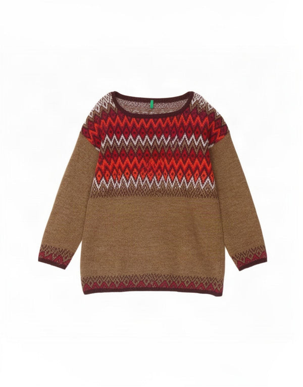 Sweter damski Benetton z dekoltem w łódkę UK 16, duży beżowy Argyle/Diament
