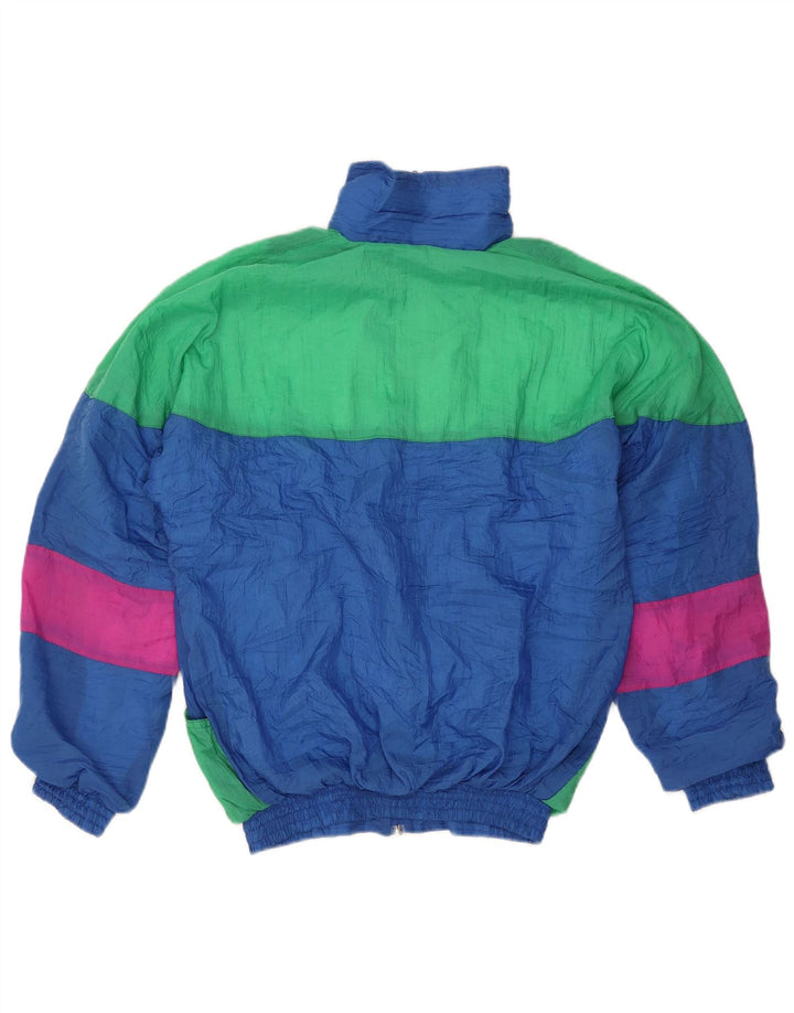 Kurtka męska dresowa w stylu vintage, mała, niebieska, z blokami kolorów, poliuretanowa, retro