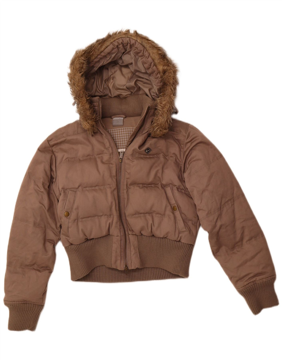 Damska wyściełana kurtka z kapturem NIKE, UK 8/10, mały, brązowy poliester