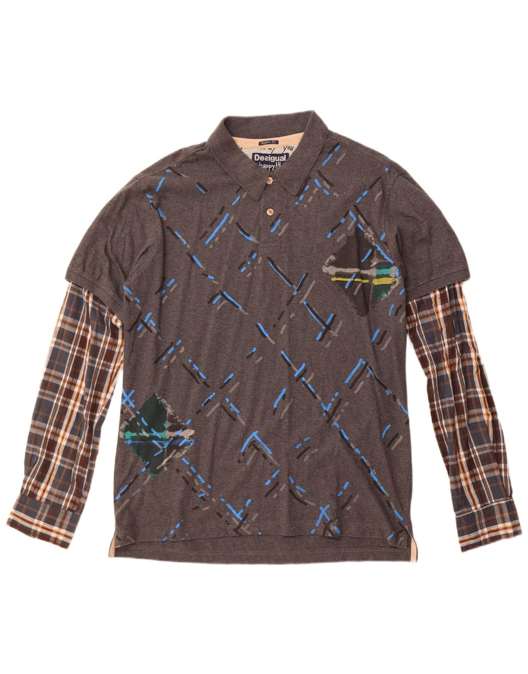 Męska koszulka polo Desigual z długim rękawem, XL, szara, bawełniana w kratkę