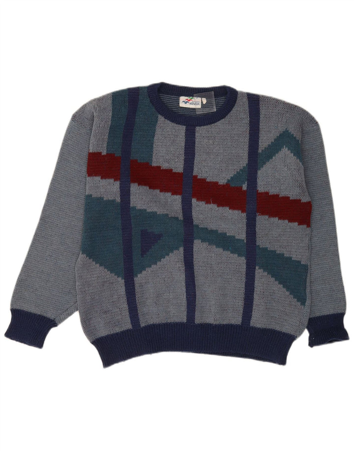 Vintage męski sweter z dekoltem w łódkę IT 52, duży niebieski geometryczny
