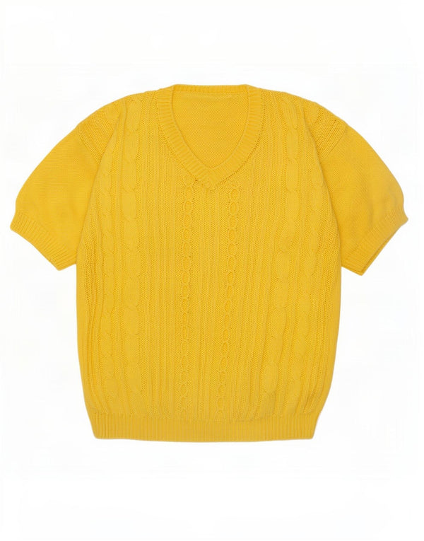 Sweter damski w stylu vintage z krótkim rękawem i dekoltem w kształcie litery V, UK 14, średni żółty