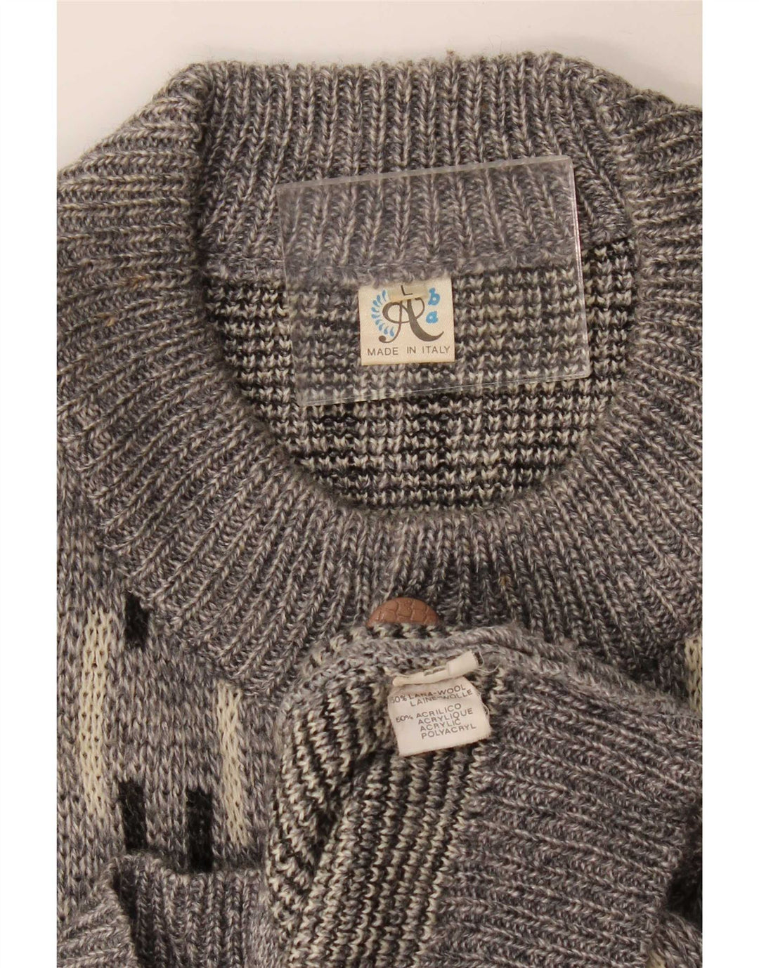 Sweter męski w stylu vintage, duży, szary, geometryczny, wełniany