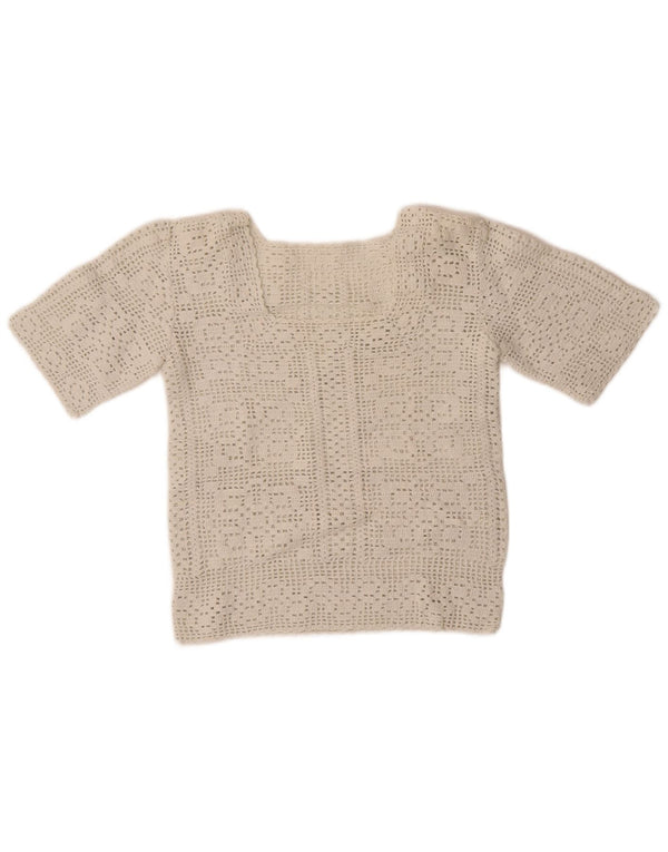 Vintage damski sweter z krótkim rękawem i okrągłym dekoltem UK 10 Small White