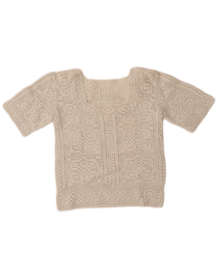 Vintage damski sweter z krótkim rękawem i okrągłym dekoltem UK 10 Small White