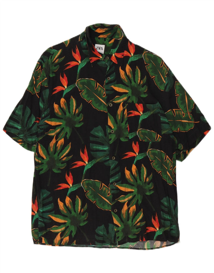 Męska koszula z krótkim rękawem Zara, średnia czarna, w kwiaty, wiskoza