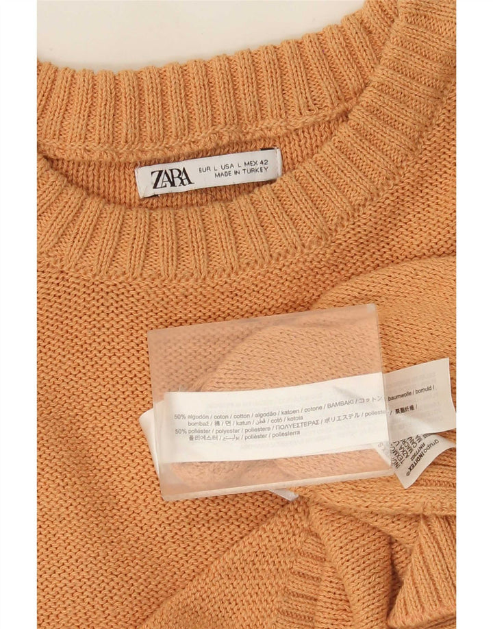 Męski sweter Zara z okrągłym dekoltem, duży, pomarańczowy, bawełniany