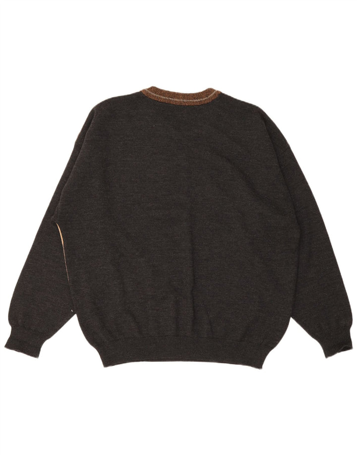 Vintage męski sweter z okrągłym dekoltem XL, wielokolorowa wełna z blokami kolorów