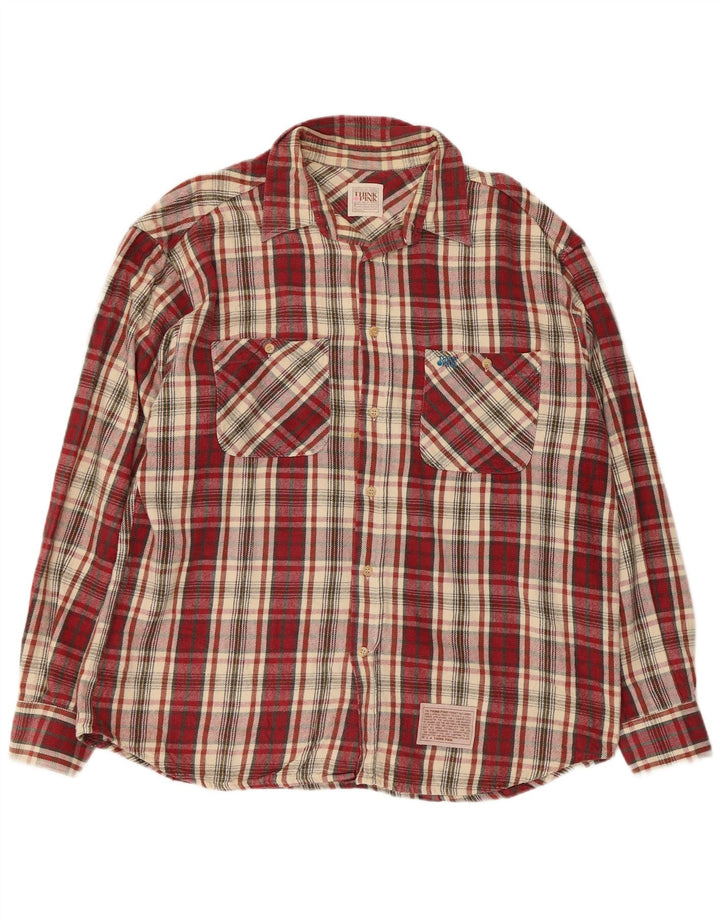 Think Różowa męska koszula flanelowa w kratkę XL, bordowa krata