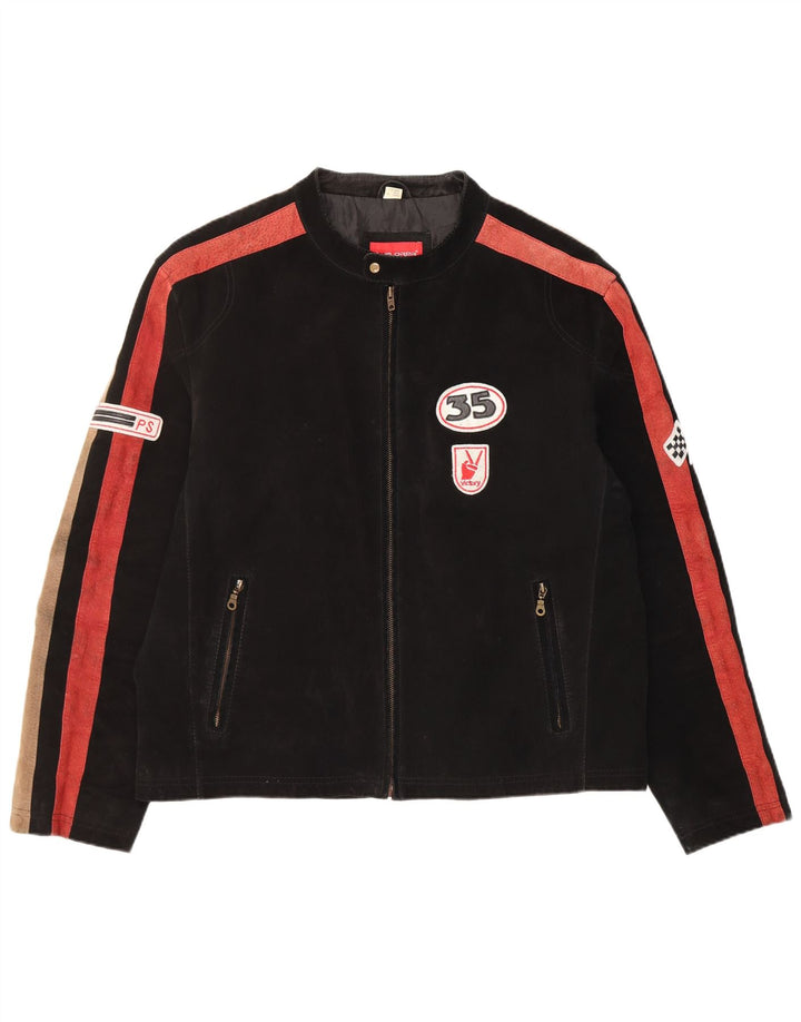 Męska zamszowa kurtka bomber Explorer UK 46/48 2XL Czarna skóra z blokami kolorów