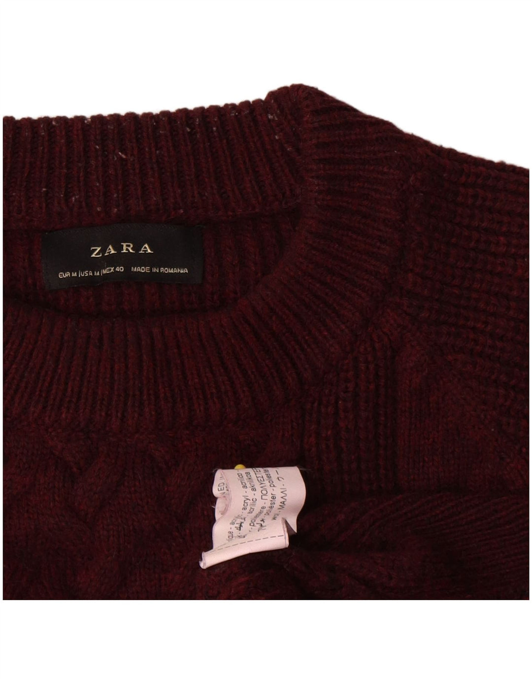 Męski sweter z okrągłym dekoltem Zara, średnia bordowa wełna