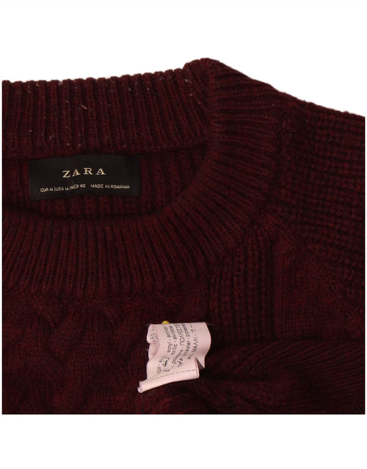 Męski sweter z okrągłym dekoltem Zara, średnia bordowa wełna