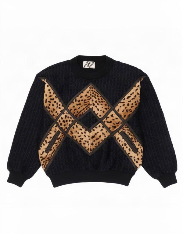 Sweter damski w stylu vintage z okrągłym dekoltem UK 16, duży czarny nadruk zwierzęcy