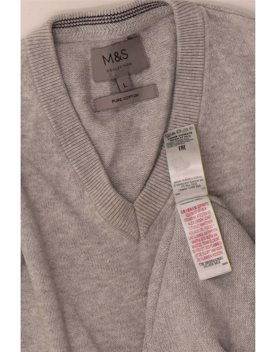 Marks & Spencer Męski sweter z dekoltem w kształcie litery V, duży, szary, bawełniany w plamki