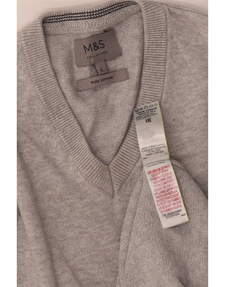 Marks & Spencer Męski sweter z dekoltem w kształcie litery V, duży, szary, bawełniany w plamki