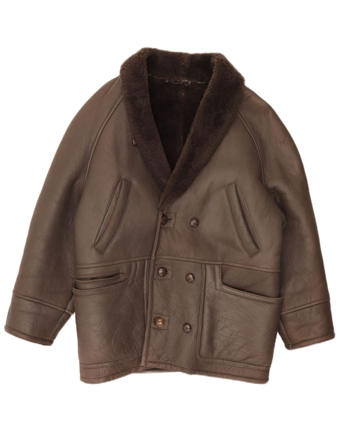 Męska kurtka shearling z podwójnymi piersiami w stylu vintage IT 50, duża brązowa skóra