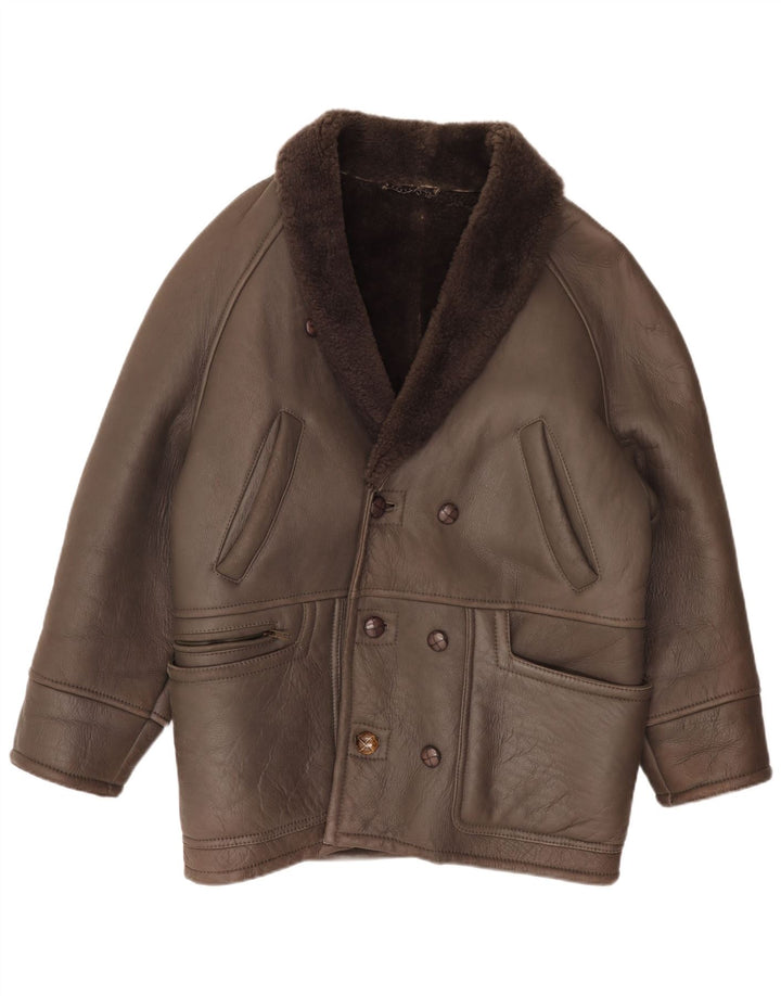 Męska kurtka shearling z podwójnymi piersiami w stylu vintage IT 50, duża brązowa skóra