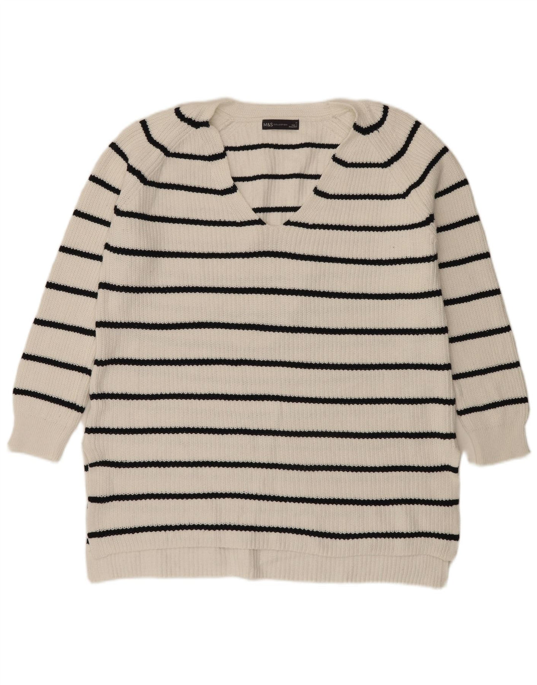Marks & Spencer Damski sweter z dekoltem w kształcie litery V, UK 14, średnie białe paski