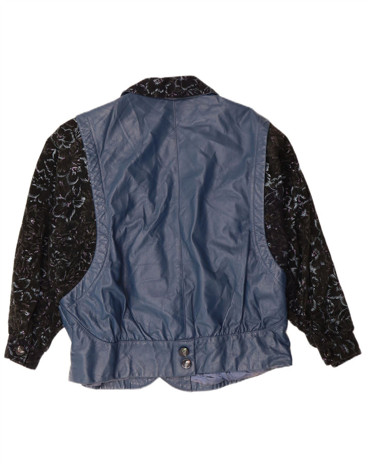 Vintage damska kurtka skórzana UK 14, duża, niebieska, w kwiaty, retro