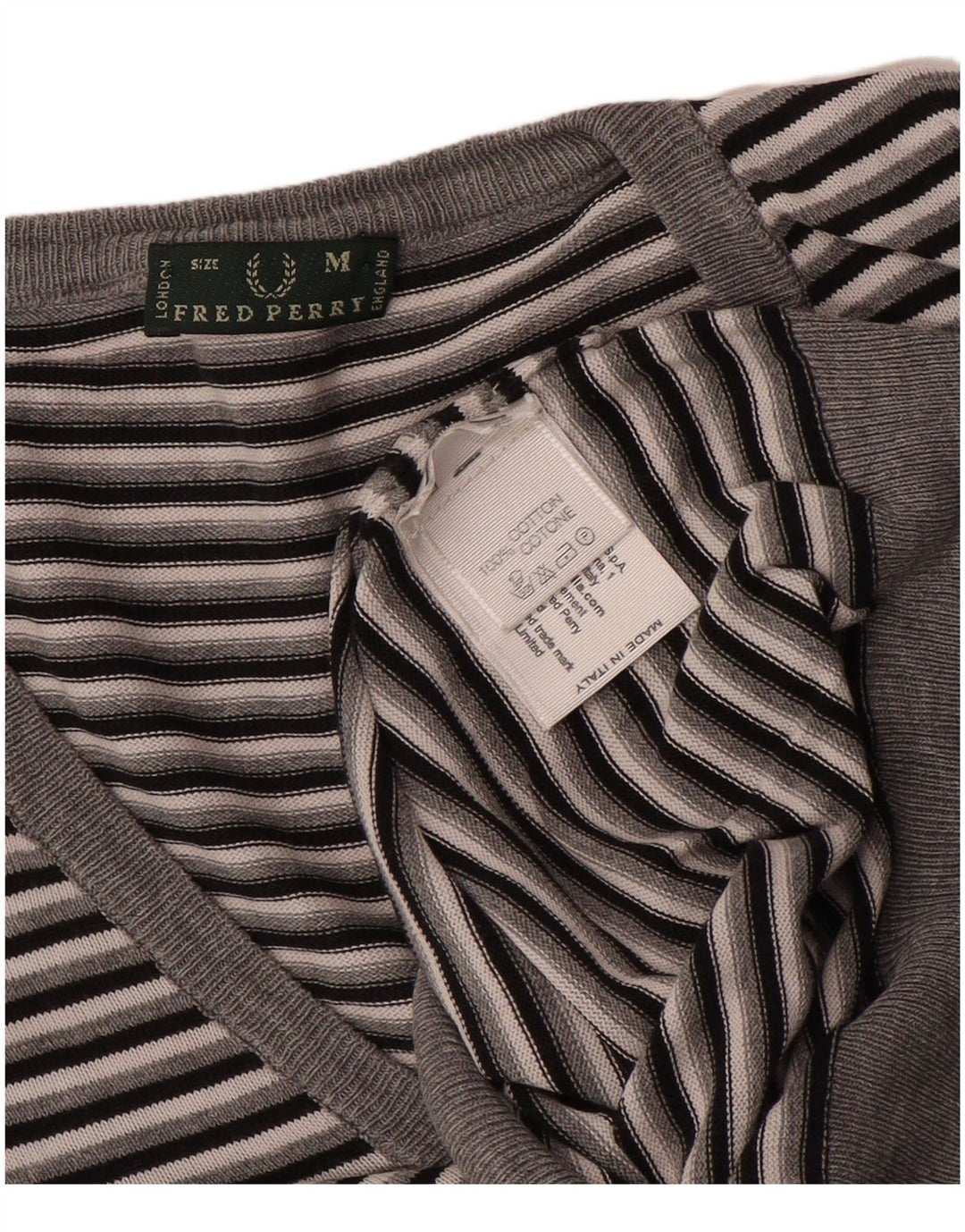 Sweter damski Fred Perry z dekoltem w kształcie litery V, UK 14, bawełniany w średnie szare paski