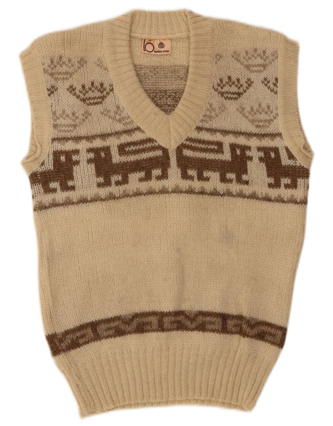 Vintage damski podkoszulek bez rękawów IT 40 Small Beige Fair Isle Wool