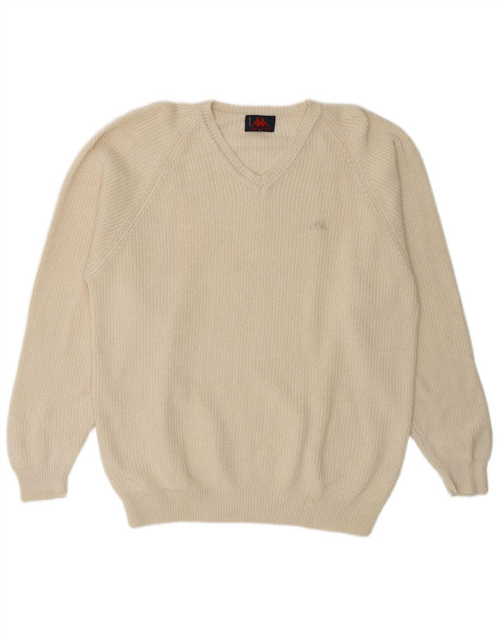 KAPPA Mens V-Neck Jumper Sweater XL Off White Cotton