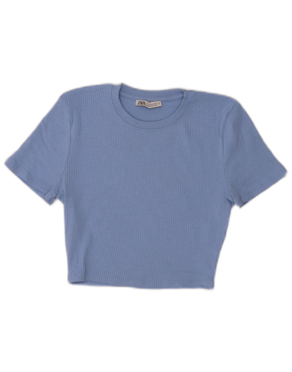 Damska koszulka Crop Top Zara UK 12, średnia niebieska bawełna