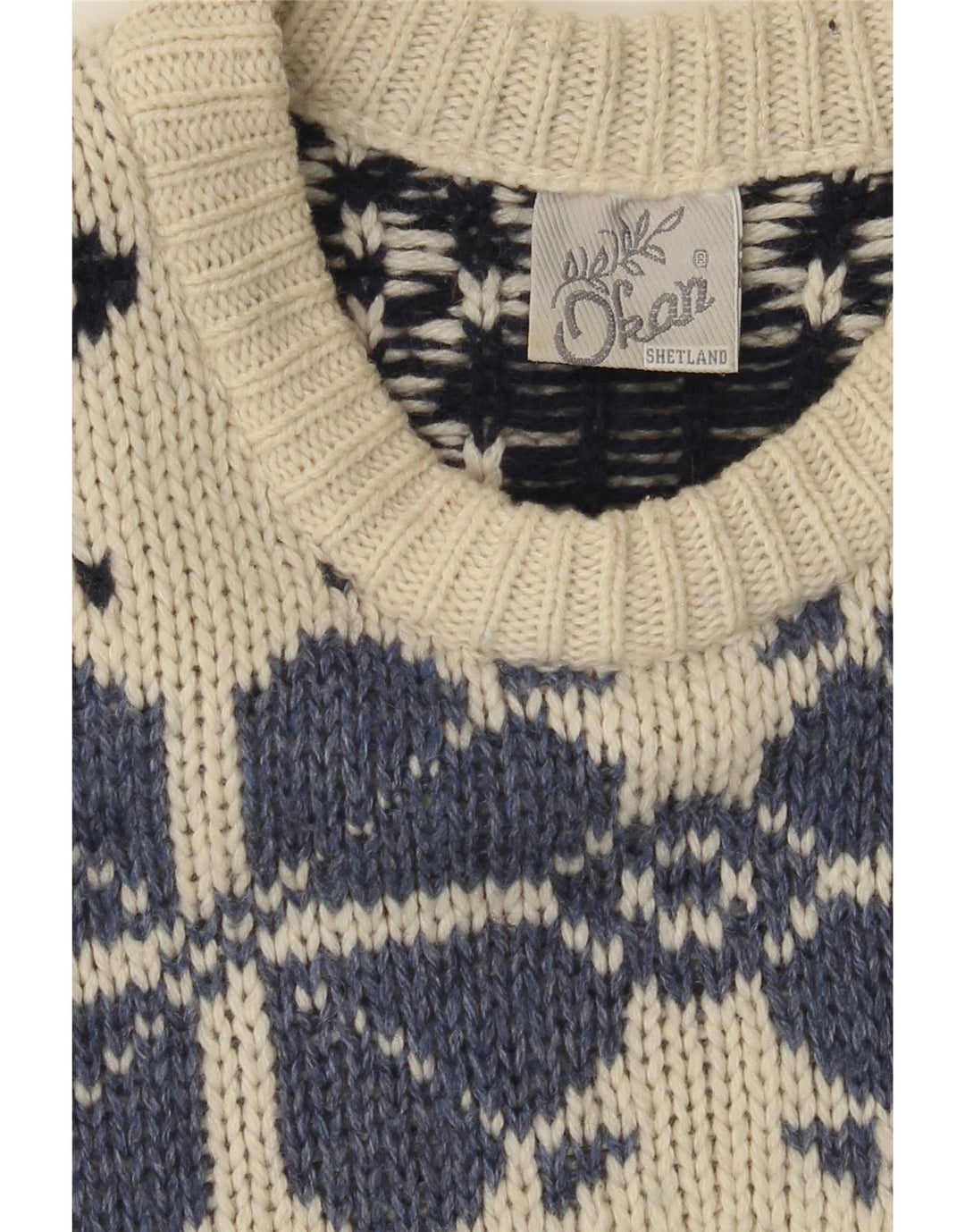 Męski sweter Shetland z okrągłym dekoltem, duży, w kolorze złamanej bieli Fair Isle