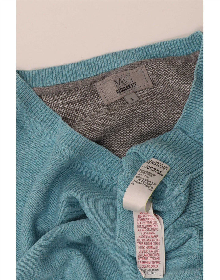 Marks & Spencer Męski sweter o regularnym kroju z dekoltem w kształcie litery V, duży, niebieski, bawełniany