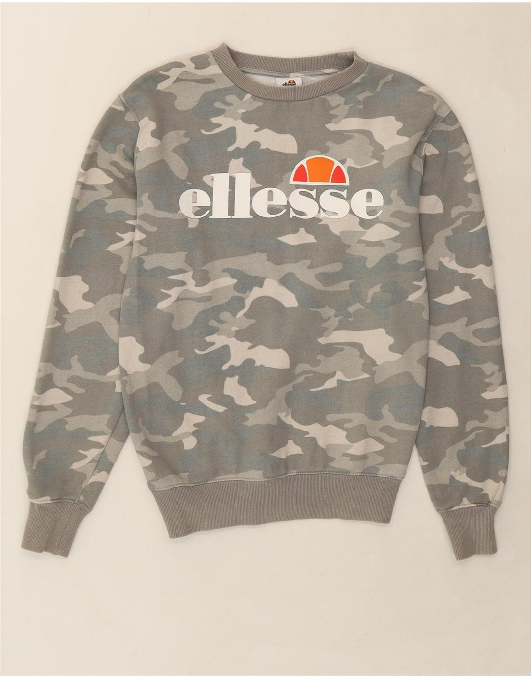 ELLESSE Womens Oversized Sweatshirt Jumper UK 8 Small Grey Camouflage Vintage Ellesse and Second-Hand Ellesse from Messina Hembry 