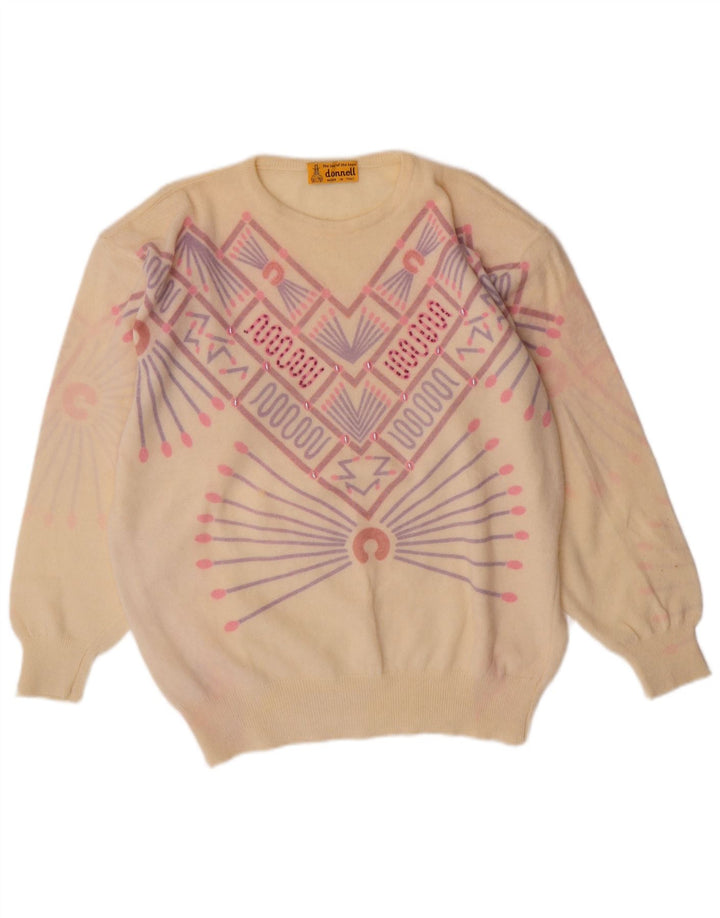 Sweter damski VINTAGE z okrągłym dekoltem UK 16, duży, w kolorze złamanej bieli, geometryczny