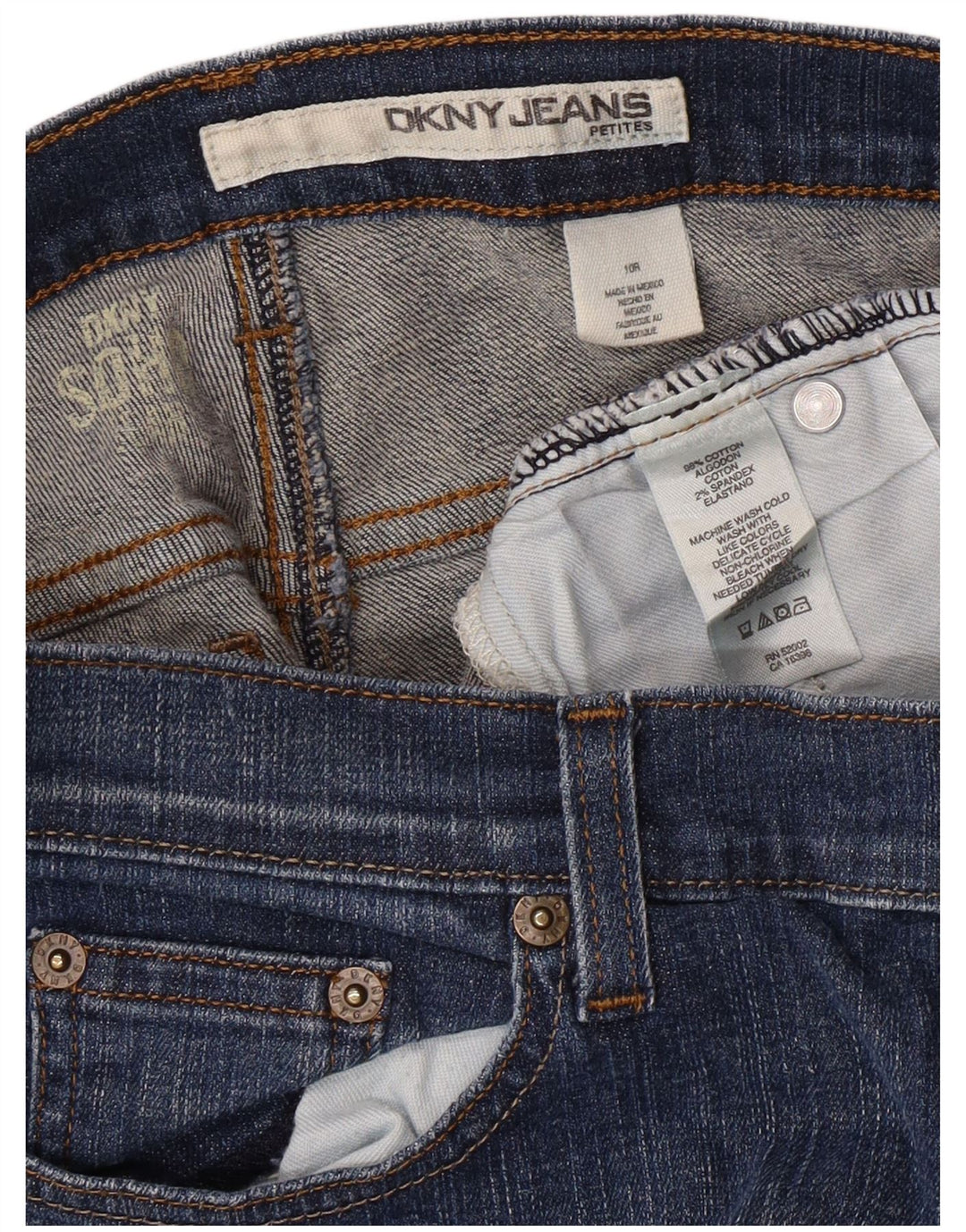 Damskie dżinsy DKNY Petites Bootcut US 10, duże, W30 L26, niebieska bawełna