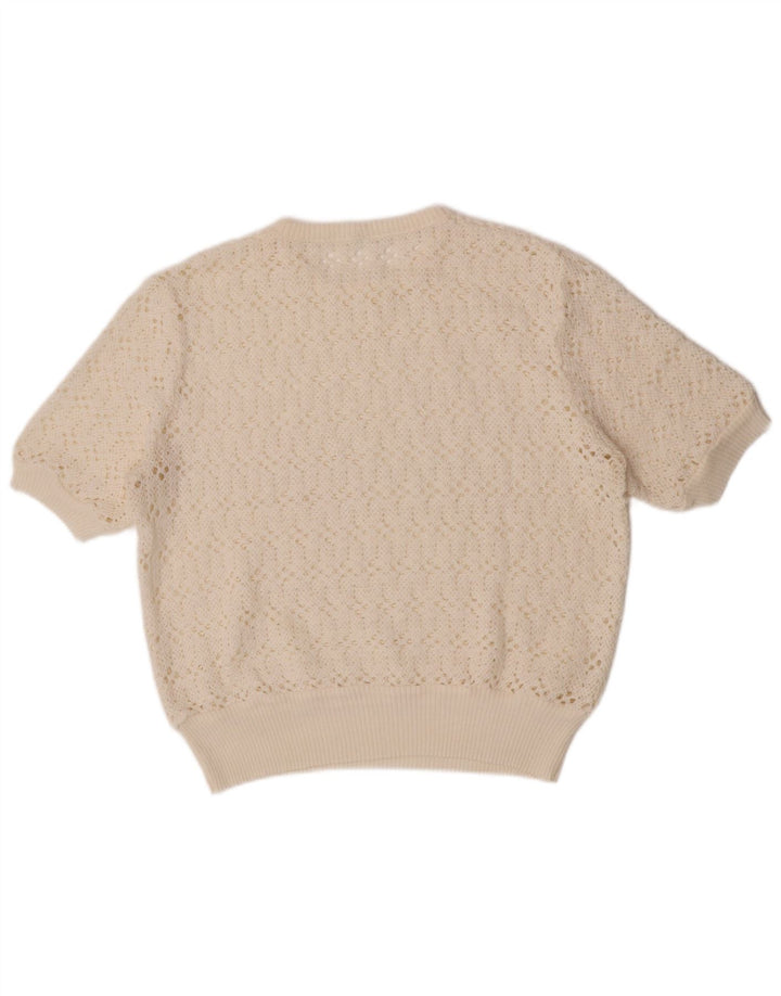 Vintage damski sweter z krótkim rękawem i okrągłym dekoltem UK 12 średni złamanej bieli