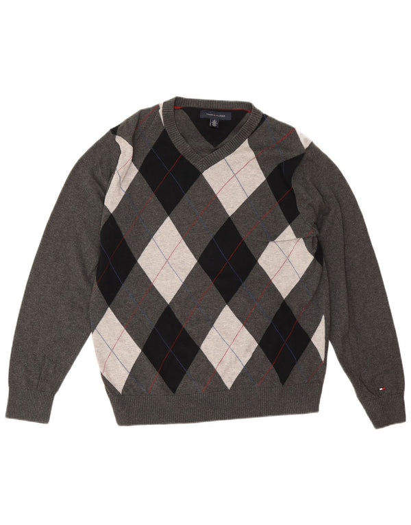 Tommy Hilfiger Męski sweter z dekoltem w kształcie litery V, średnioszary, Argyle/Diamentowa bawełna