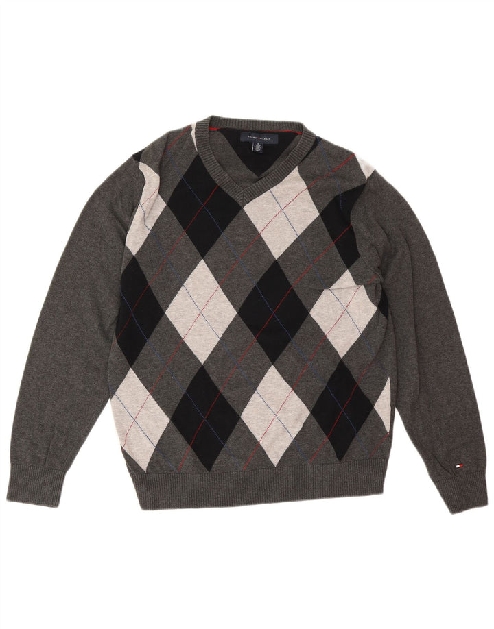 Tommy Hilfiger Męski sweter z dekoltem w kształcie litery V, średnioszary, Argyle/Diamentowa bawełna