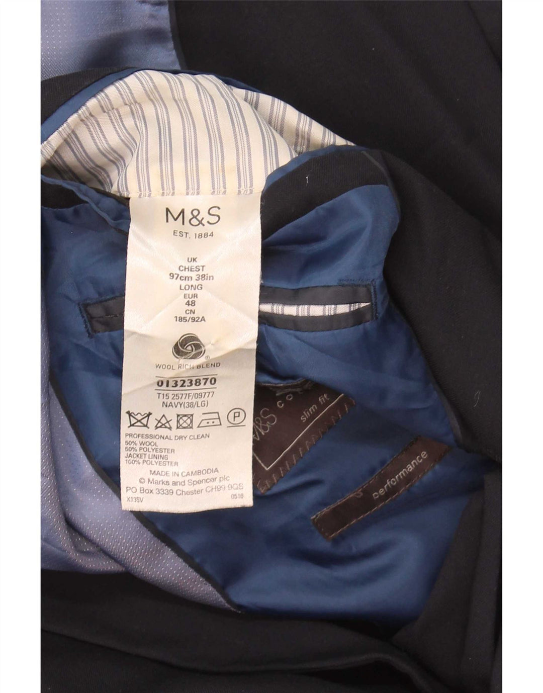 Marks & Spencer Męska marynarka zapinana na 2 guziki UK 38 Średni granatowy wełniany