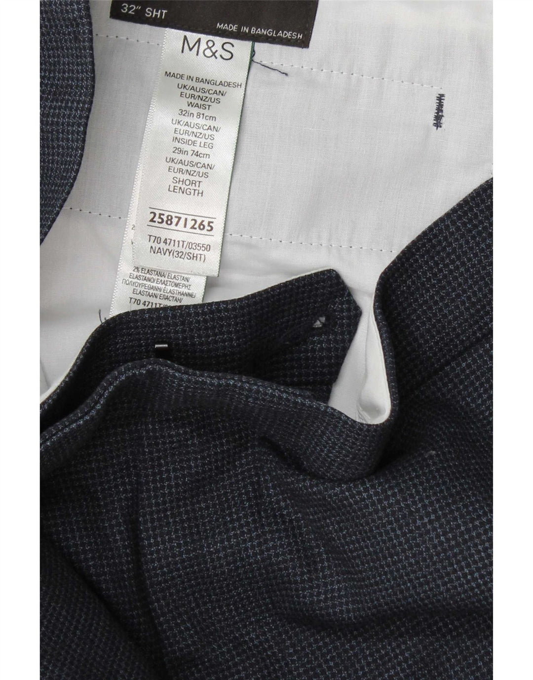 Marks & Spencer Męskie zwężane spodnie garniturowe W32 L29 Granatowa kratka